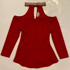 Klaxons Red Cold Shoulder Jeweled Mid Sleeve Shirt